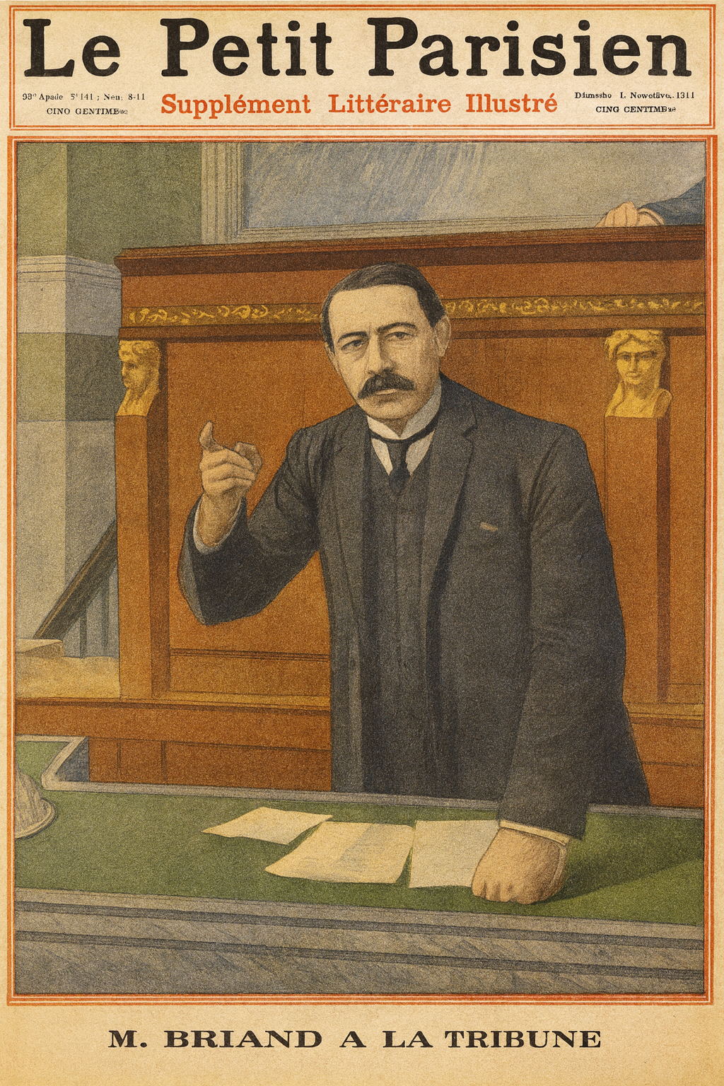 Aristide Briand à la tribune de l’Assemblée Nationale, en une du <strong>Petit Parisien</strong>